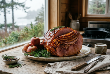 Glazed sliced ham on a ceramic platter beside apples and rosemary in a softly lit coastal kitchen.
