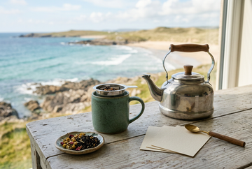 A green ceramic mug with a tea infuser beside a kettle, loose tea, blank tasting cards, and a spoon overlooking the coast.
