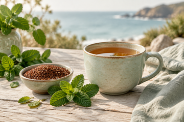A ceramic mug of amber tea beside loose rooibos and fresh mint on a wooden table overlooking the coast.