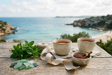 Two ceramic cups of tea beside fresh mint, a bowl of loose rooibos, and linen ribbon on a wooden table overlooking the coast.