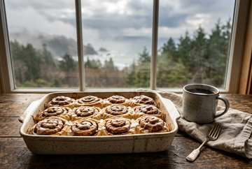 Glazed cinnamon rolls in a rectangular ceramic baking dish beside a mug and linen napkin overlooking a misty coast.
