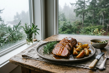 Sliced pork tenderloin with amber glaze on a ceramic platter beside apples and rosemary near a misty evergreen window.