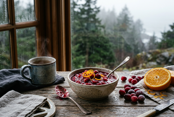 Cranberry-orange sauce in a ceramic bowl with orange zest, fresh cranberries, an orange, and a separate tea mug on a rustic table.