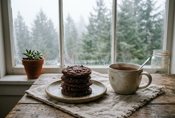 Dark chocolate cookies stacked on a ceramic plate beside a mug and linen napkin near a misty evergreen window.