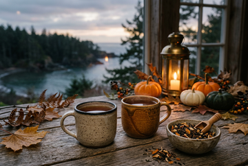 Two ceramic mugs of tea and a bowl of loose leaves beside pumpkins, autumn leaves, and a glowing lantern overlooking a coastal inlet.