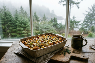 Rustic bread stuffing with apple, celery, and herbs in a ceramic baking dish beside a mug near a misty coastal window.