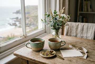 Two ceramic mugs of tea beside loose leaves, a spoon, flowers, and a blank gift card on a wooden table by a coastal window.
