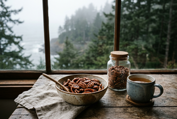 Glazed pecans in a ceramic bowl and plain glass jar beside a tea mug on a table overlooking a misty evergreen coast.