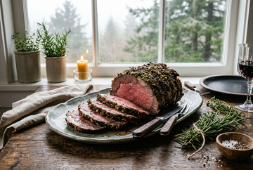 An herb-crusted beef roast with several carved slices on a ceramic platter beside rosemary and thyme near a misty evergreen window.