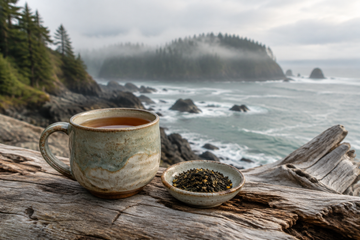 A ceramic mug of tea and a dish of loose leaves on driftwood overlooking a misty coastline with evergreen trees and rocky headlands.