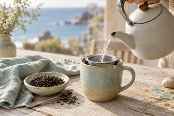 Water pouring from a kettle into a tea infuser in a ceramic mug, beside loose tea and a teaspoon on a coastal wooden table.