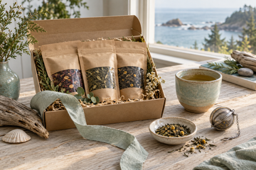 An open gift box with three kraft tea pouches beside a ceramic tea cup, loose tea, and an infuser on a coastal table.