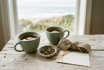 Two green ceramic mugs of tea beside a dish of loose leaves, linen ribbon, and a blank gift card on a wooden table.