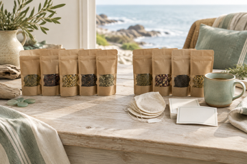 Five kraft tea pouches beside a separate group of four pouches with tea filters, blank tasting cards, and a ceramic mug on a coastal table.