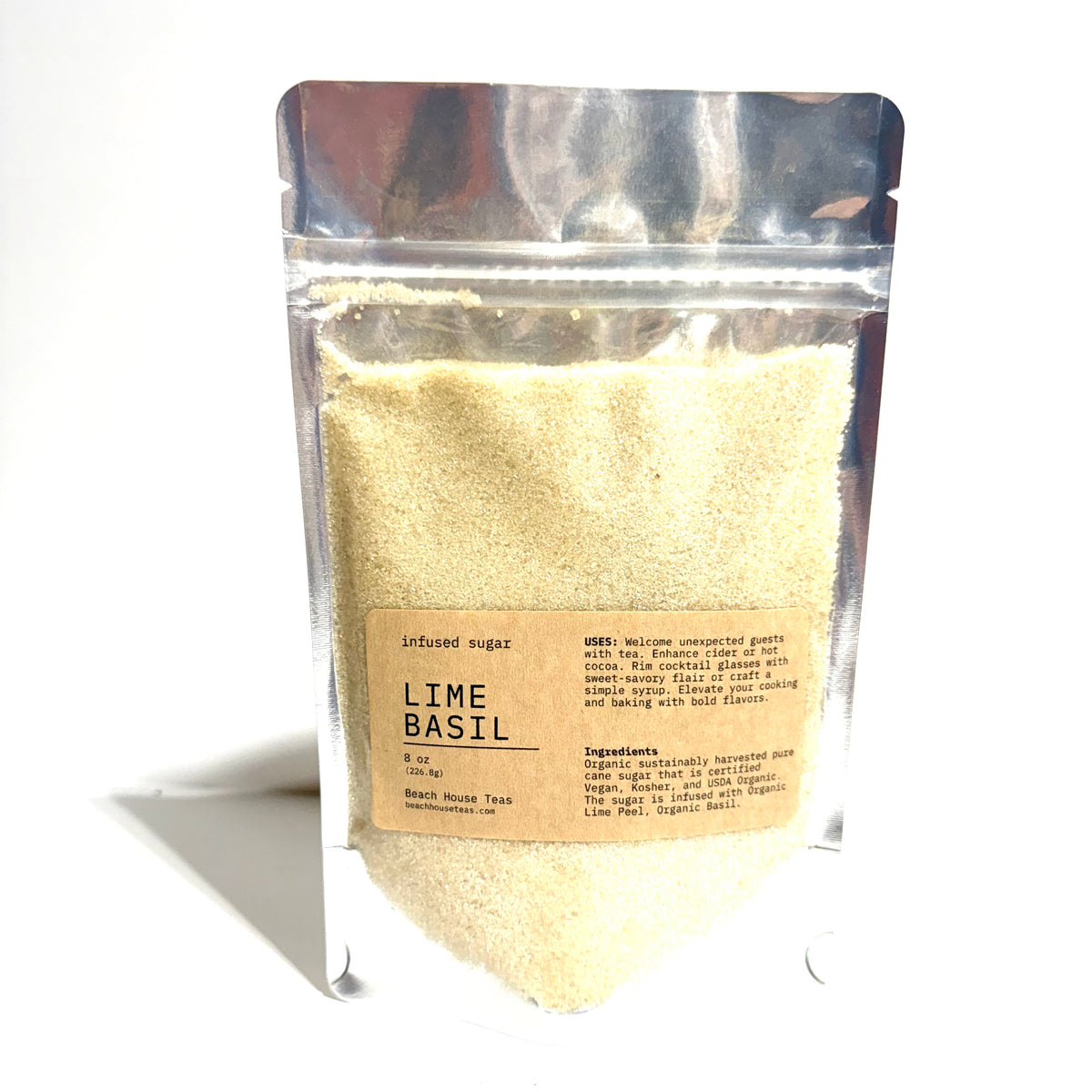 Lime Basil infused sugar 8 oz silver pouch with a clear window and a label showing uses and ingredients