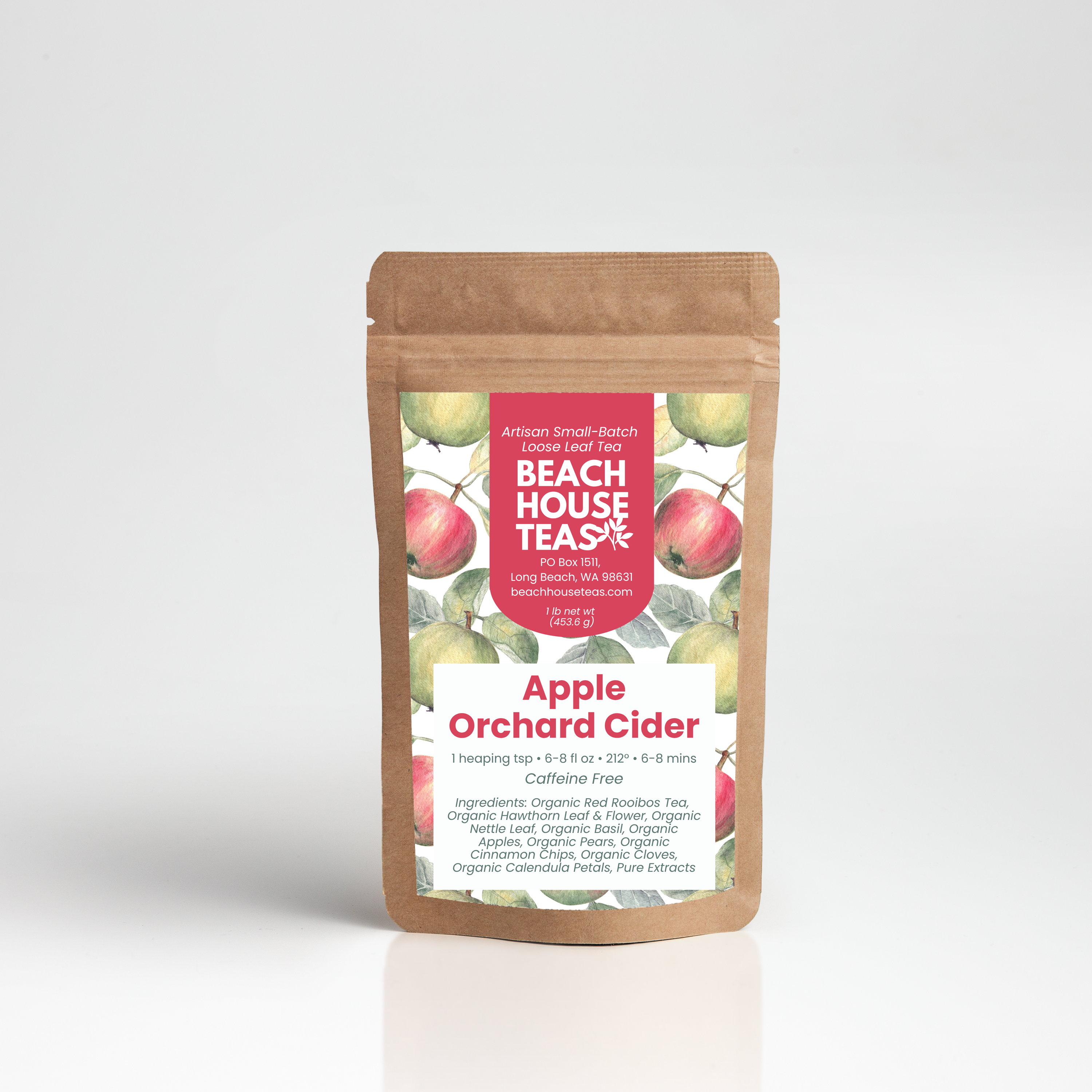 Beach House Teas Apple Orchard Cider tea package on a white background