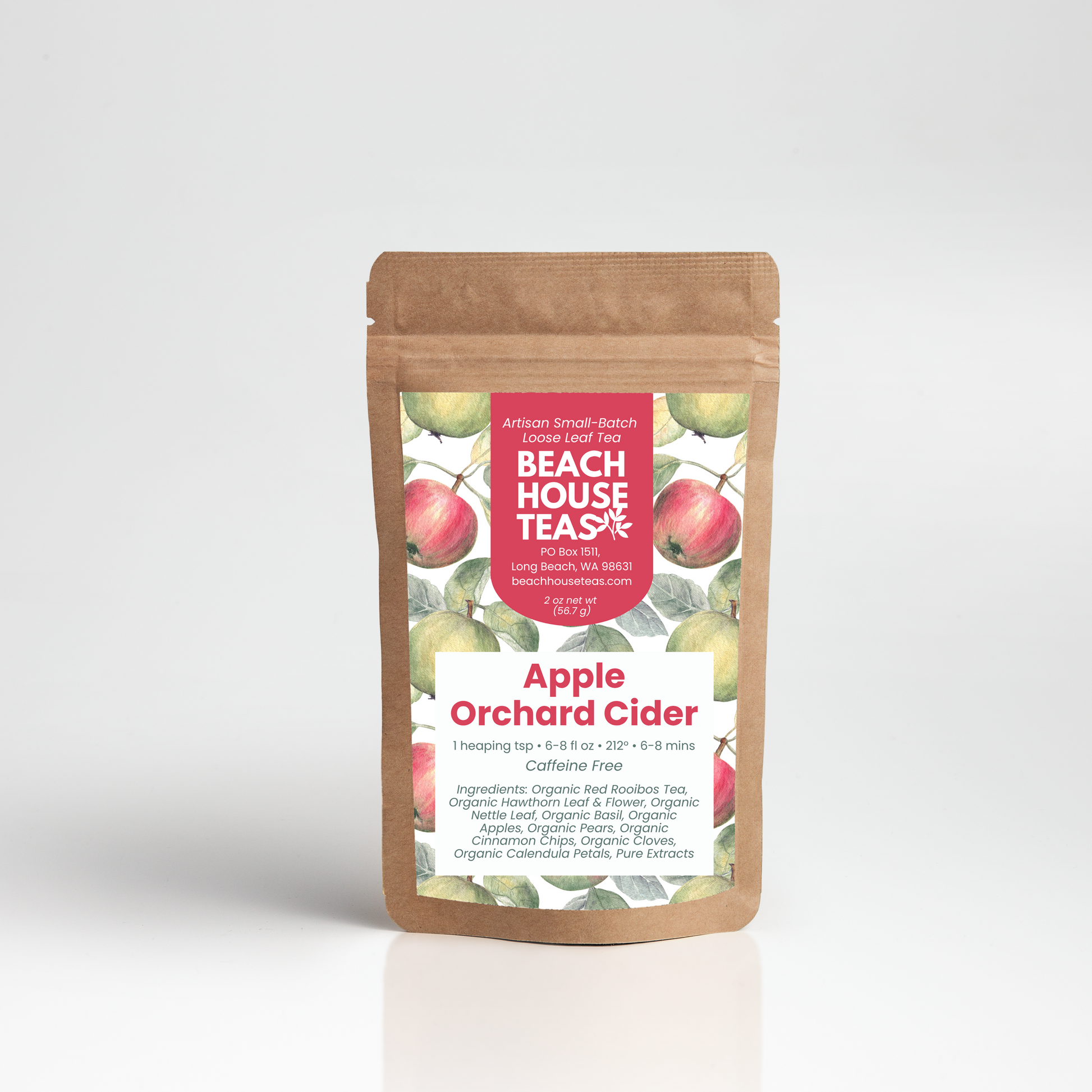 Beach House Teas Apple Orchard Cider tea package on a white background