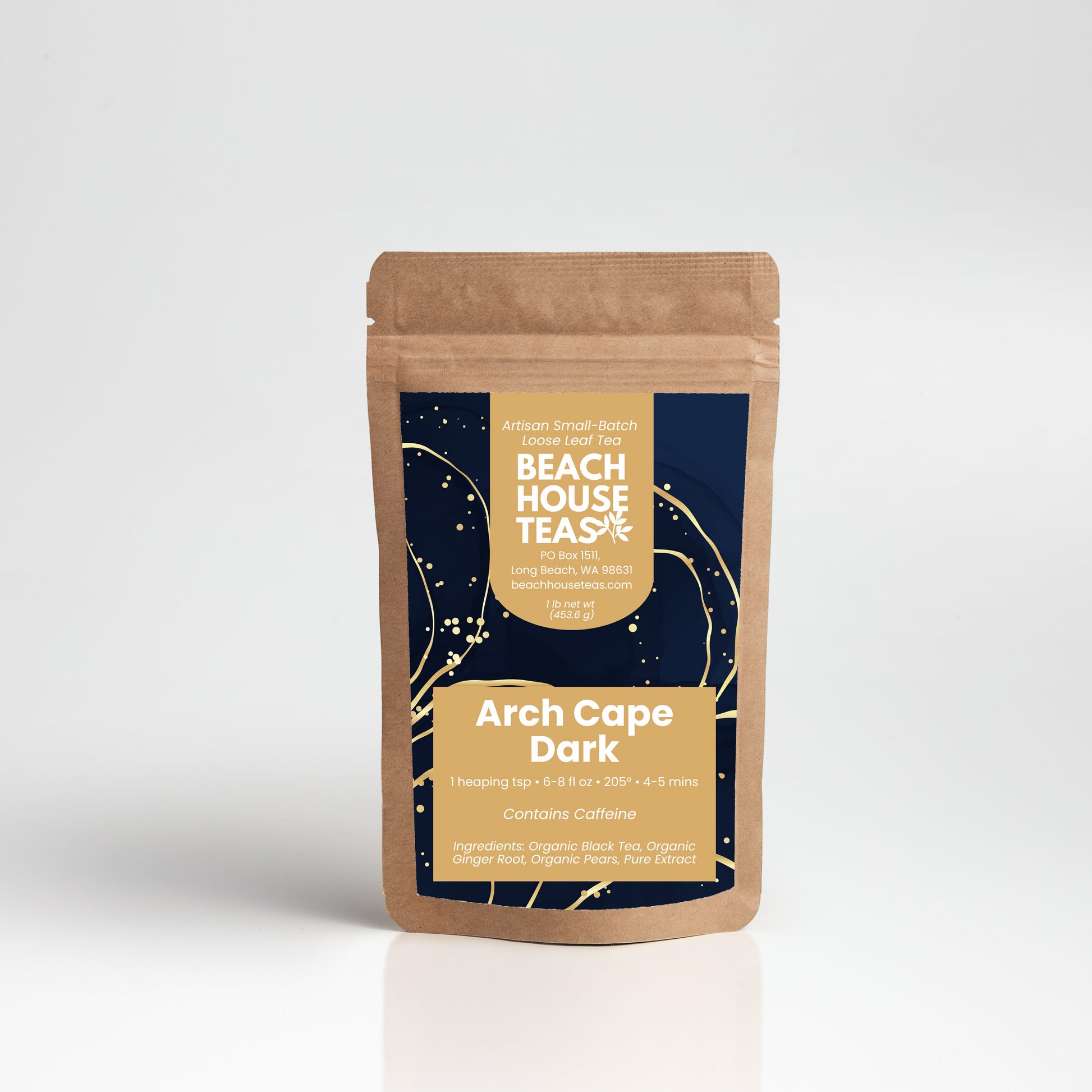 Beach House Teas Arch Cape Dark tea package on a white background