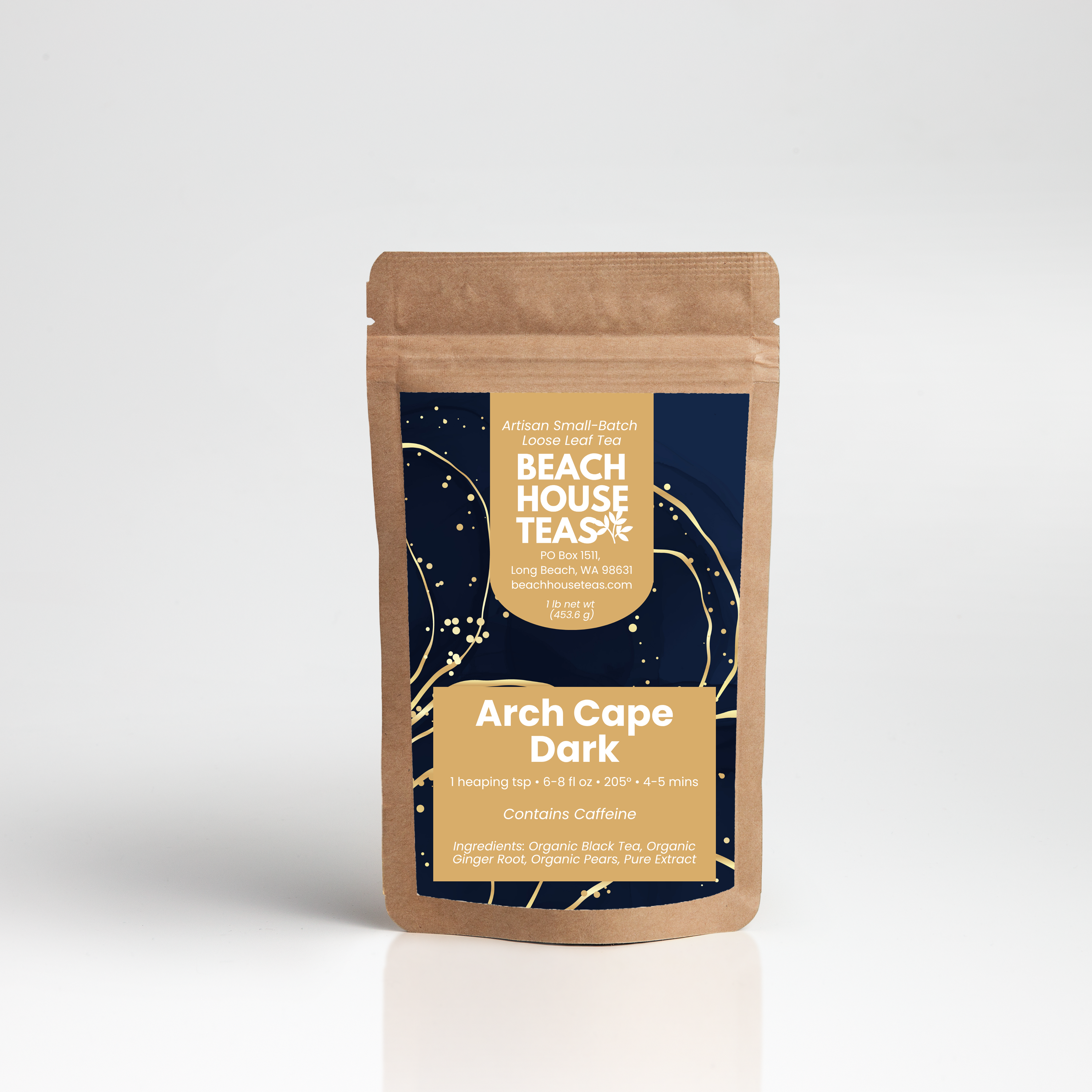 Beach House Teas Arch Cape Dark tea package on a white background