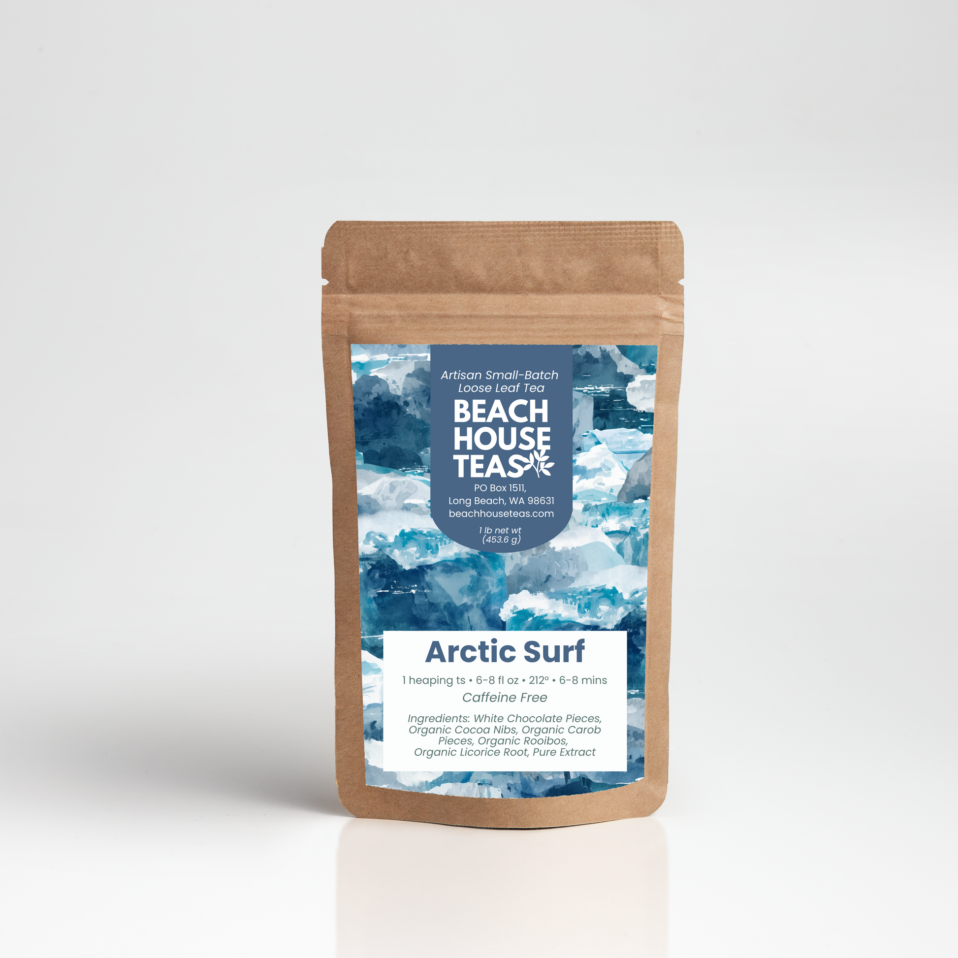Beach House Teas 'Arctic Surf' tea package on a white background