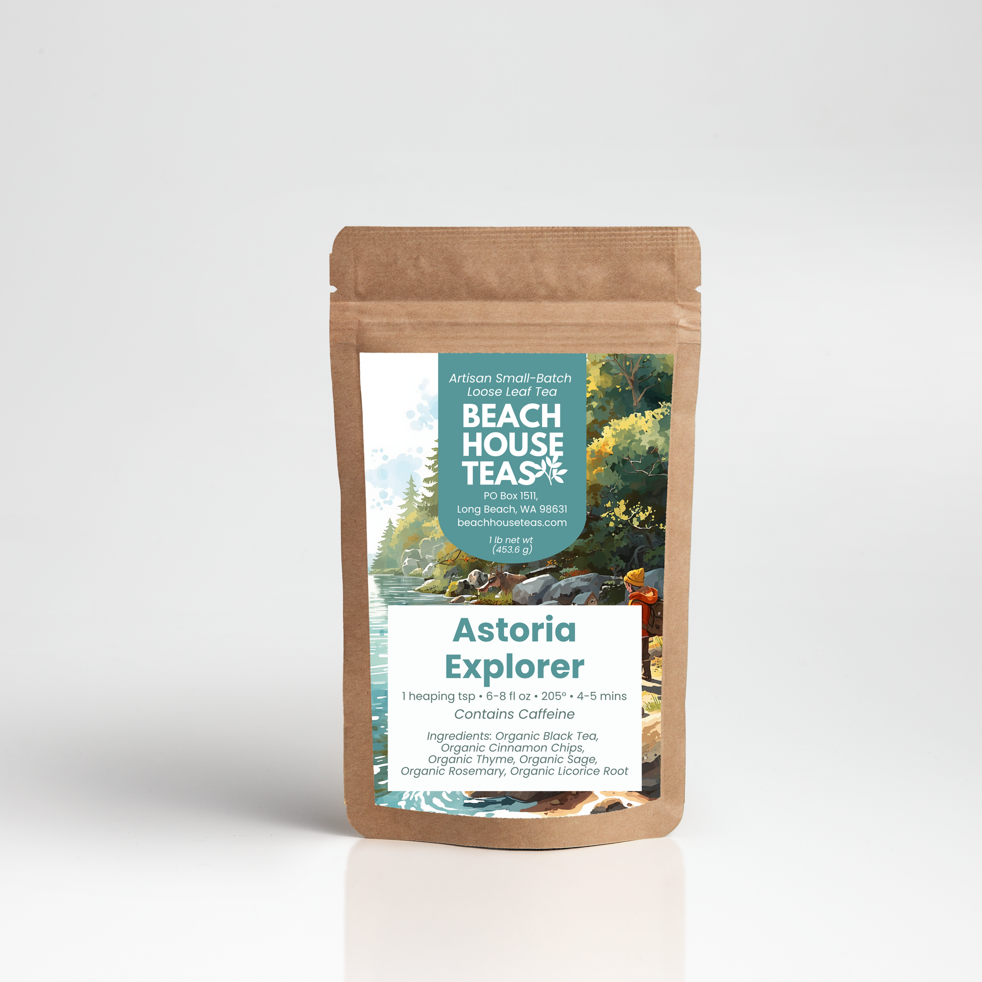 Beach House Teas Astoria Explorer tea package on a white background