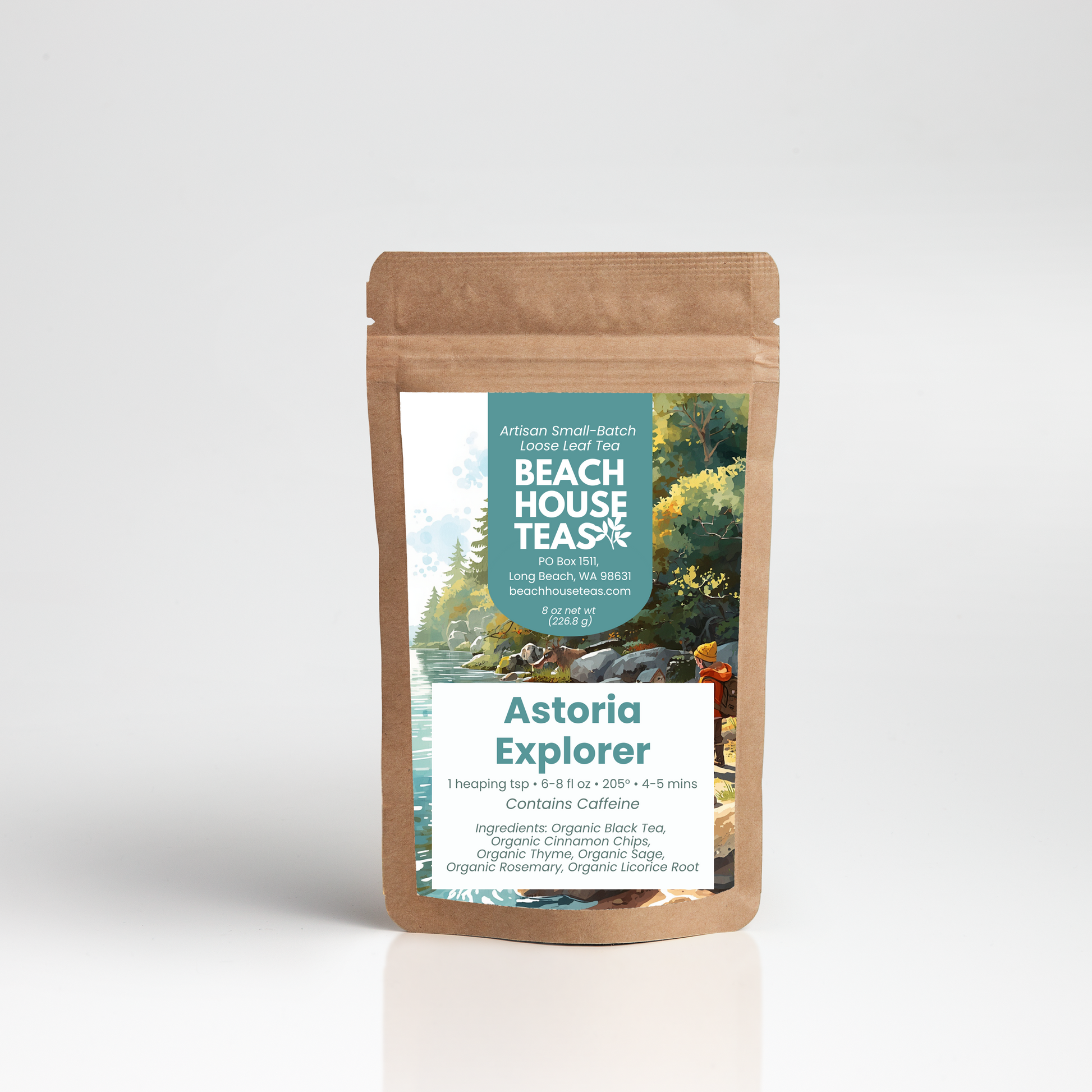Beach House Teas Astoria Explorer tea package on a white background