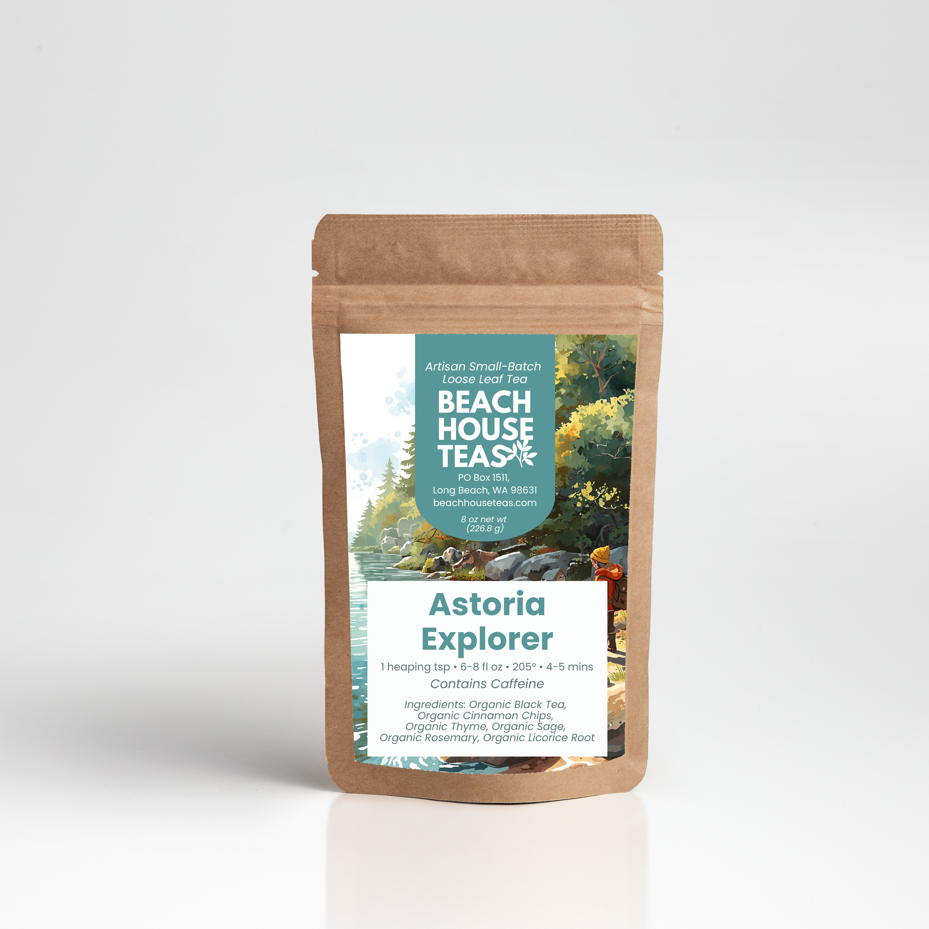Beach House Teas Astoria Explorer tea package on a white background