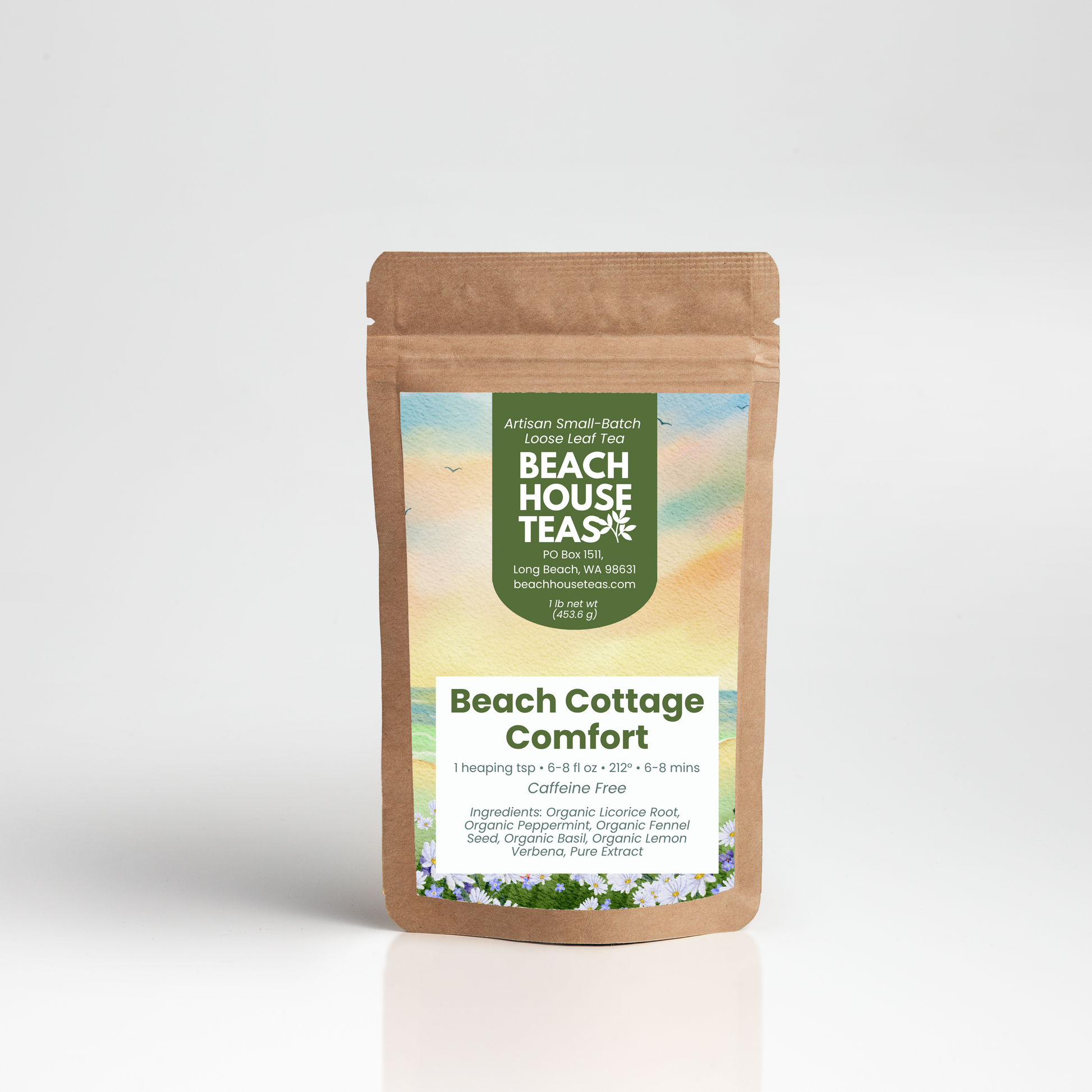 Beach House Teas 'Beach Cottage Comfort' tea package on a white background