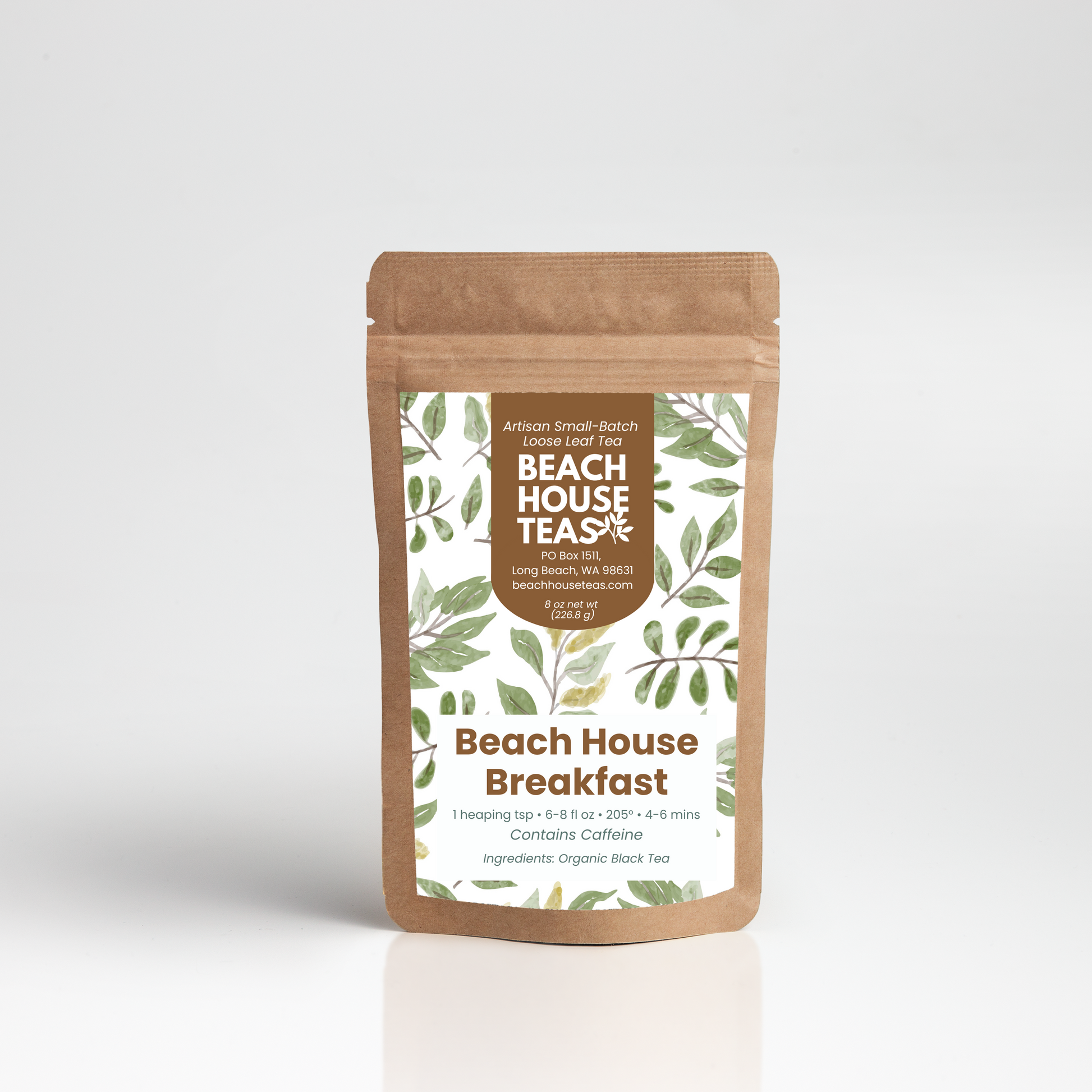 Packaged coffee labeled 'Beach House Breakfast' on a white background