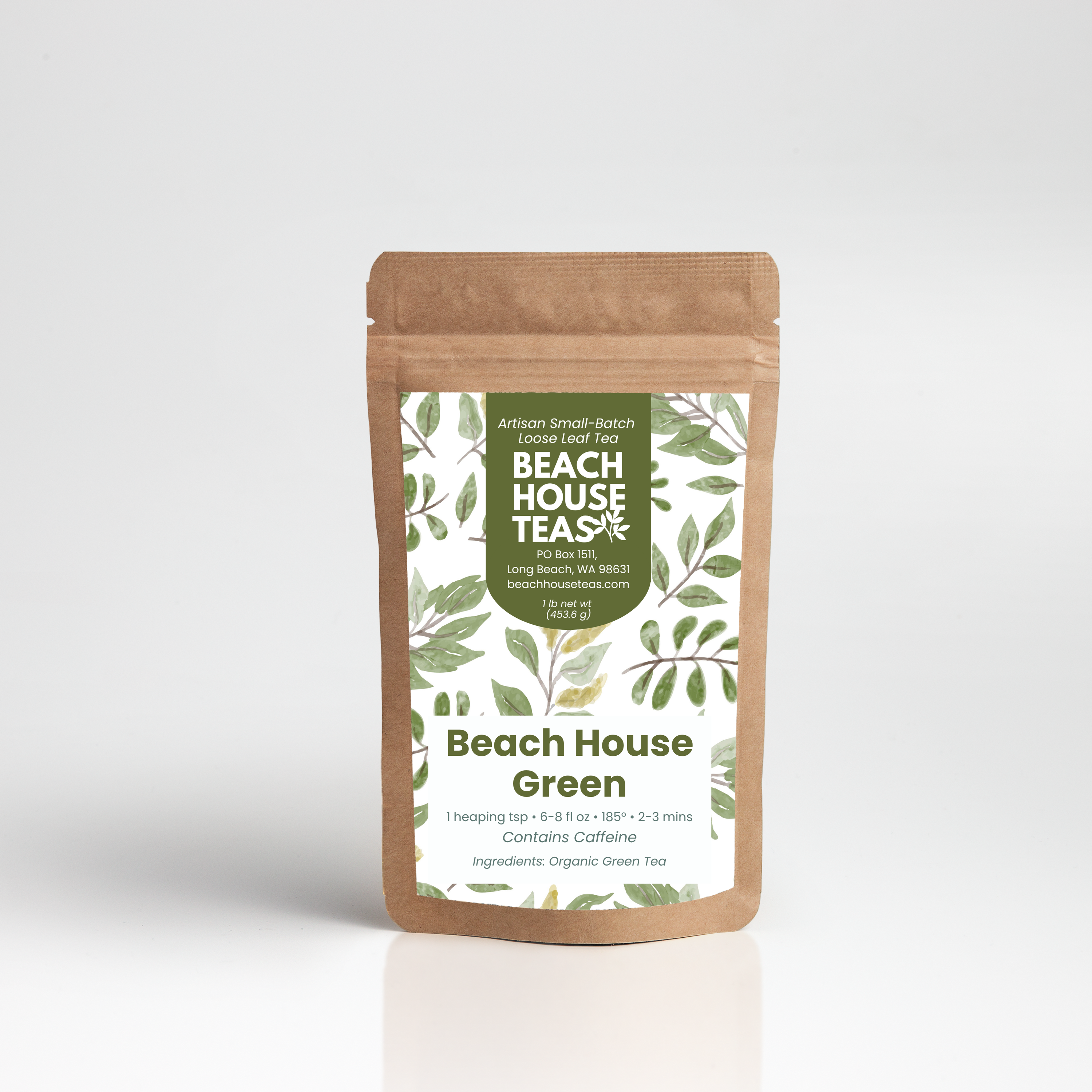Tea package labeled 'Beach House Green' on a white background