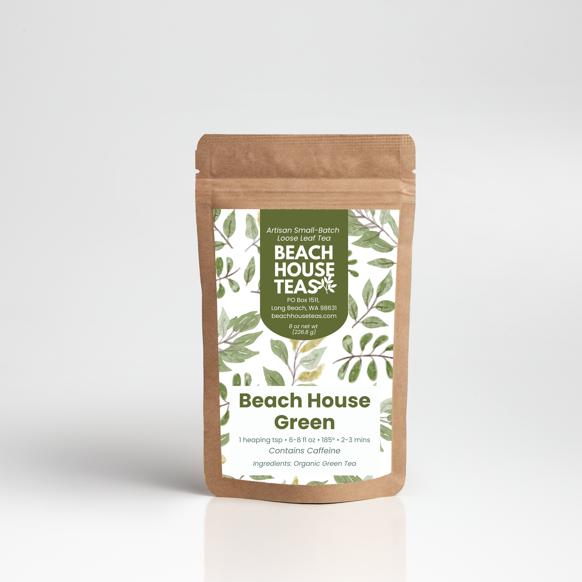 Beach House Teas 'Beach House Green' tea package on a white background