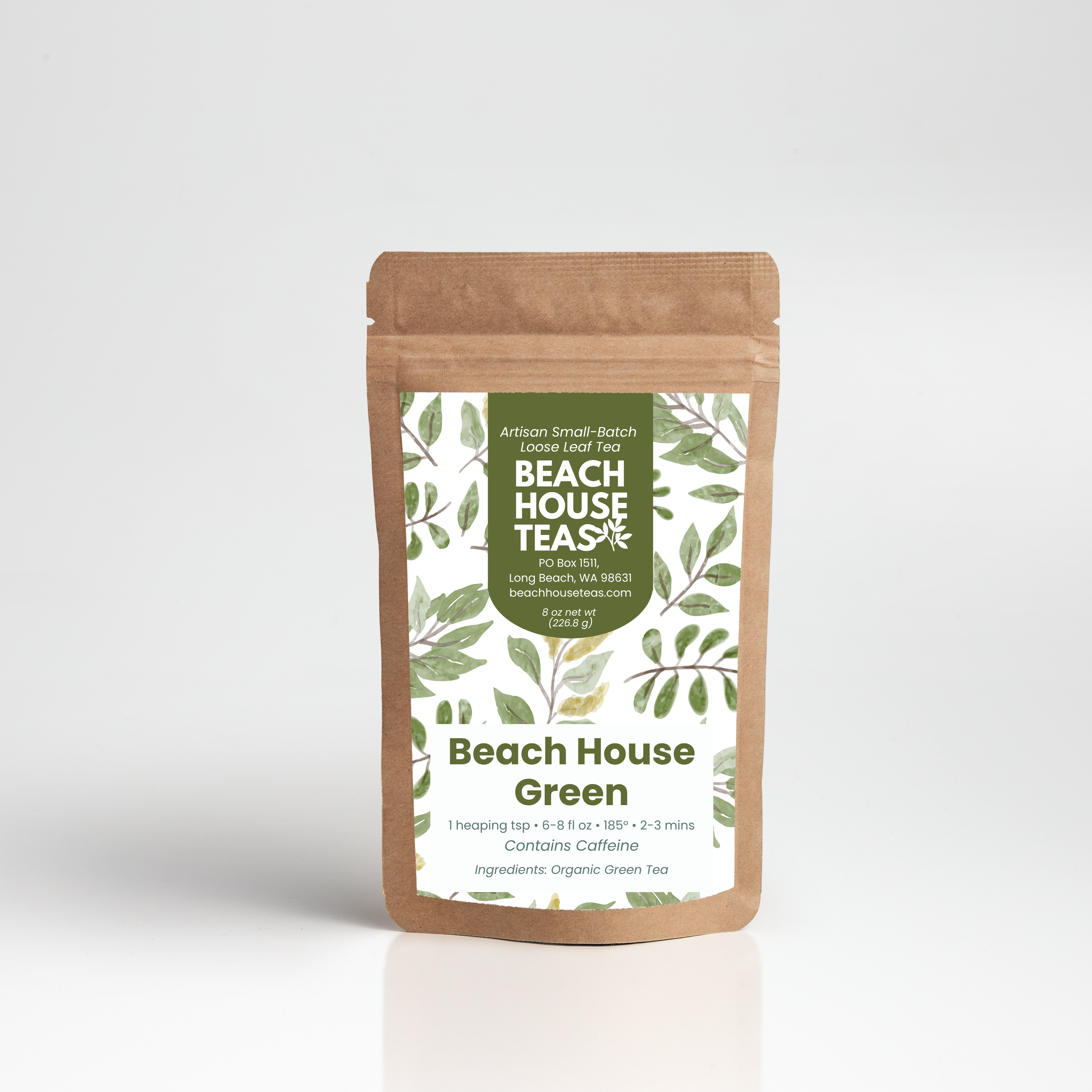 Beach House Teas 'Beach House Green' tea package on a white background