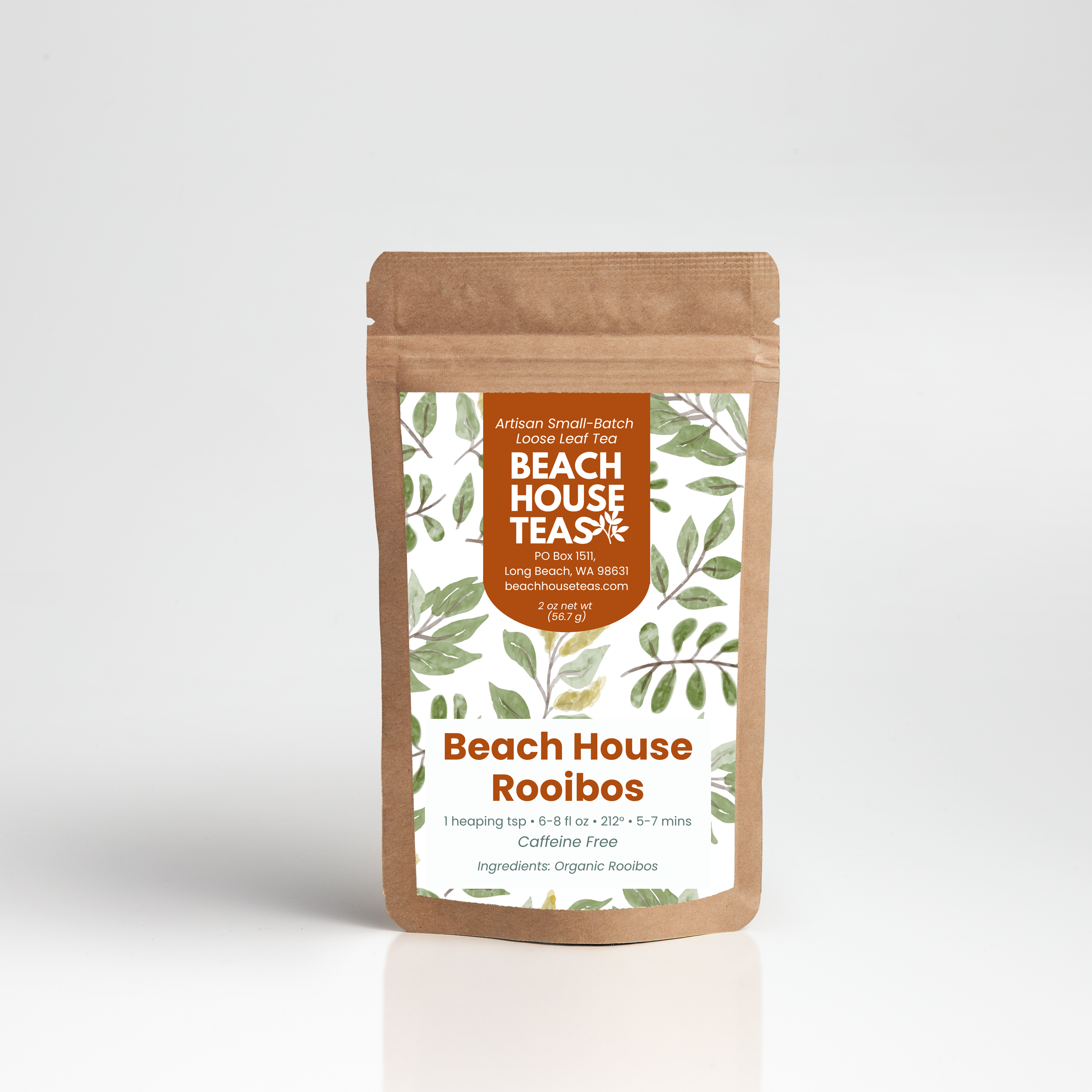 Beach House Teas Rooibos tea package on a white background
