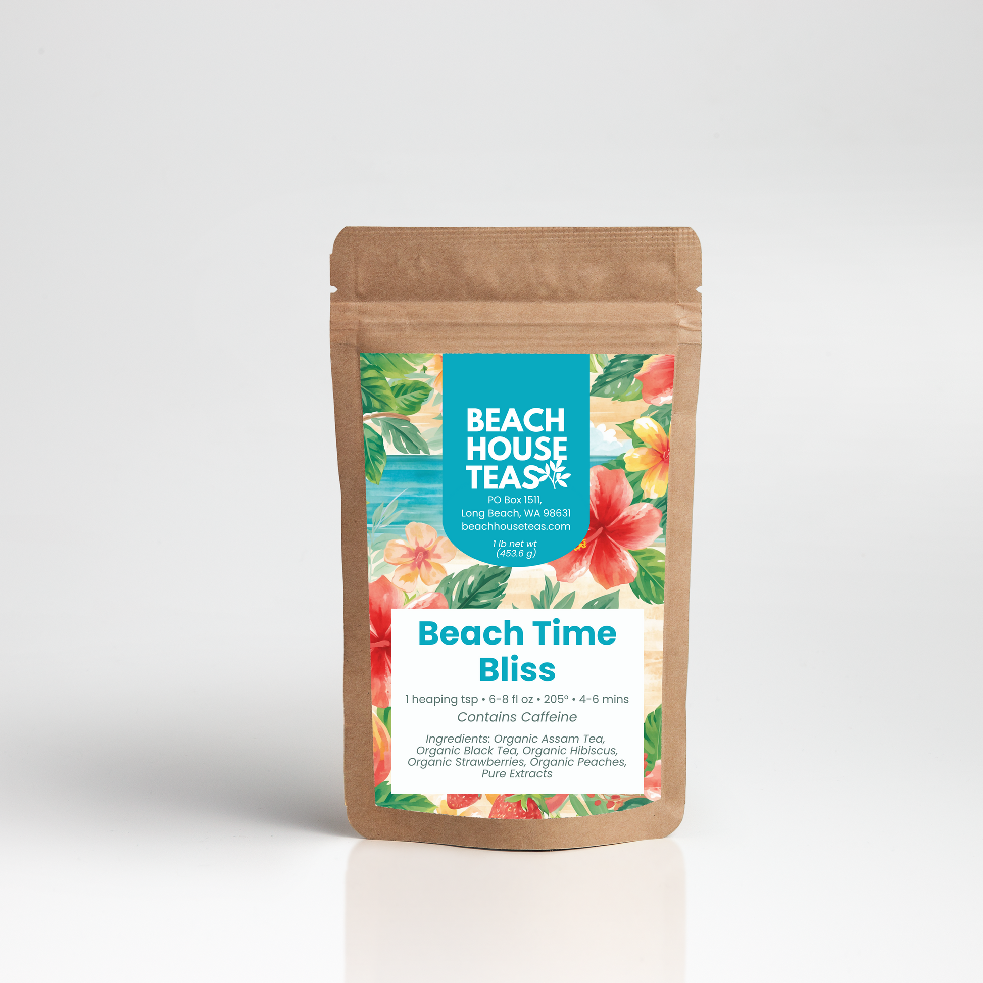 Beach House Teas 'Beach Time Bliss' tea package on a white background