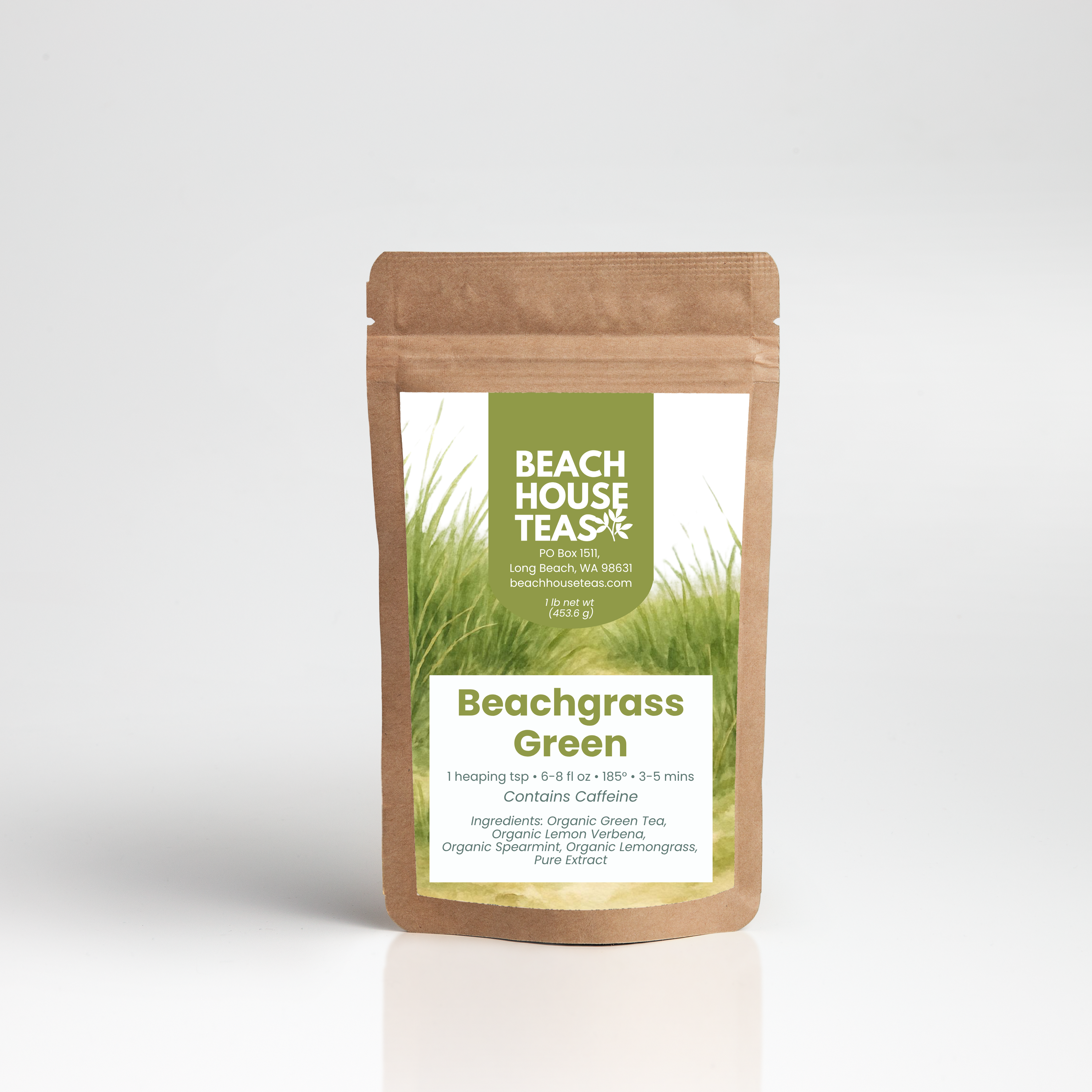 Beach House Teas Beachgrass Green tea package on a white background