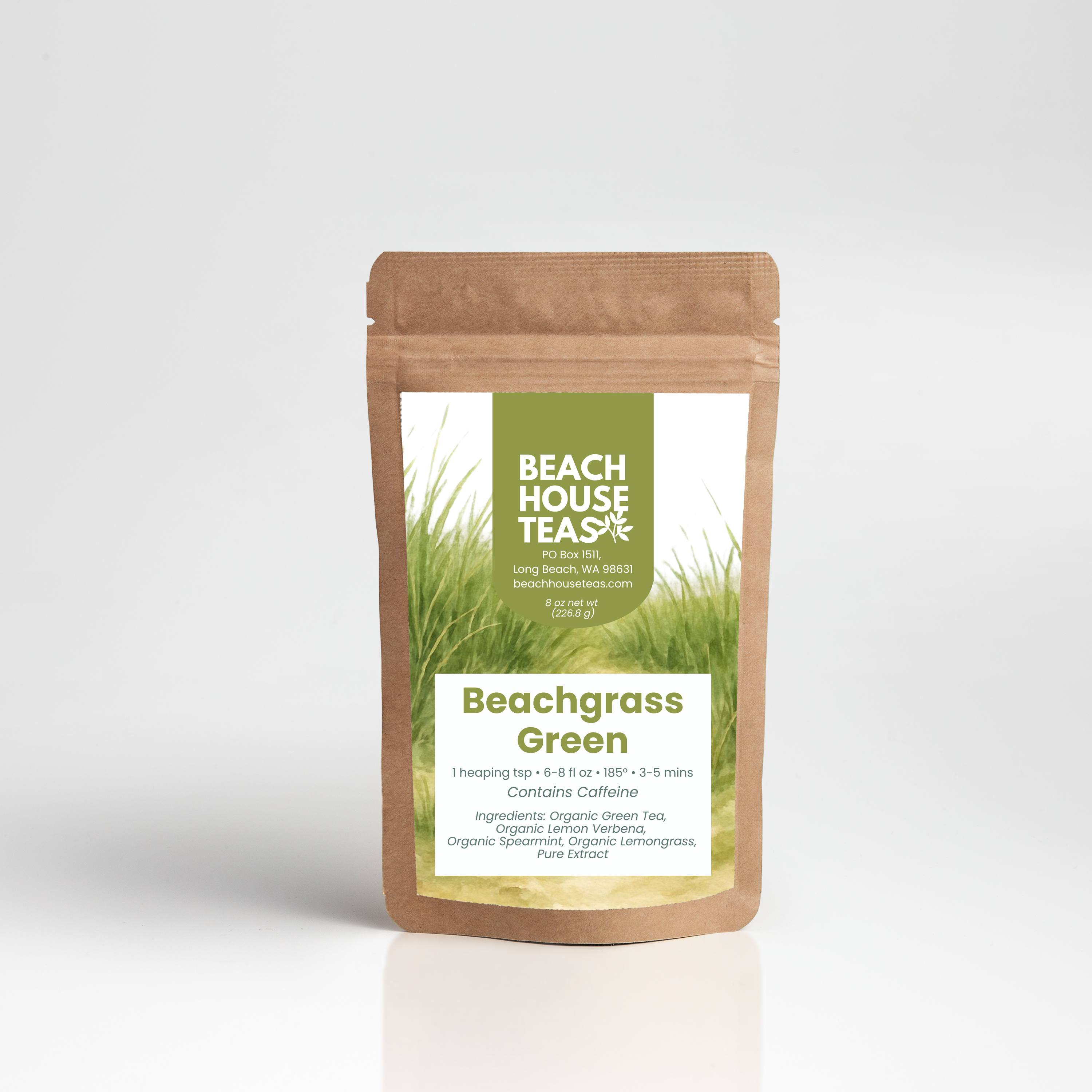 Beach House Teas Beachgrass Green tea package on a white background