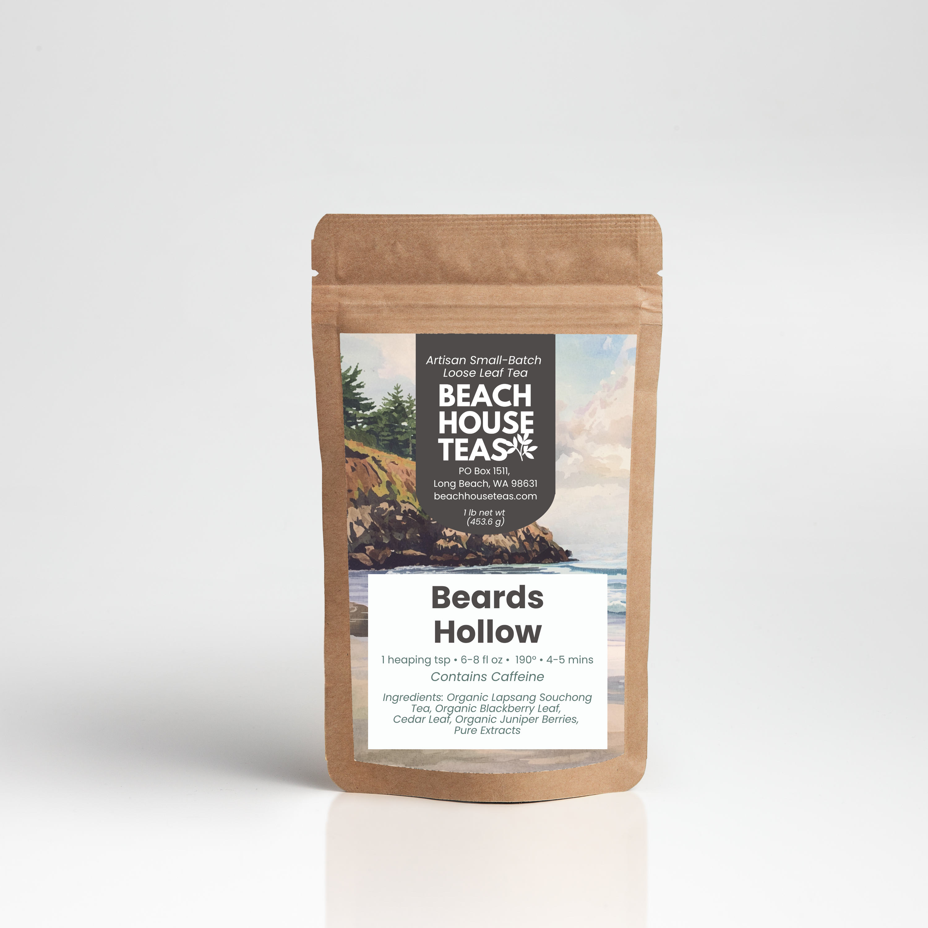 A stand-up kraft paper pouch of Beach House Teas Beards Hollow tea, featuring a scenic coastal label, set against a clean light gray background with a soft reflection.