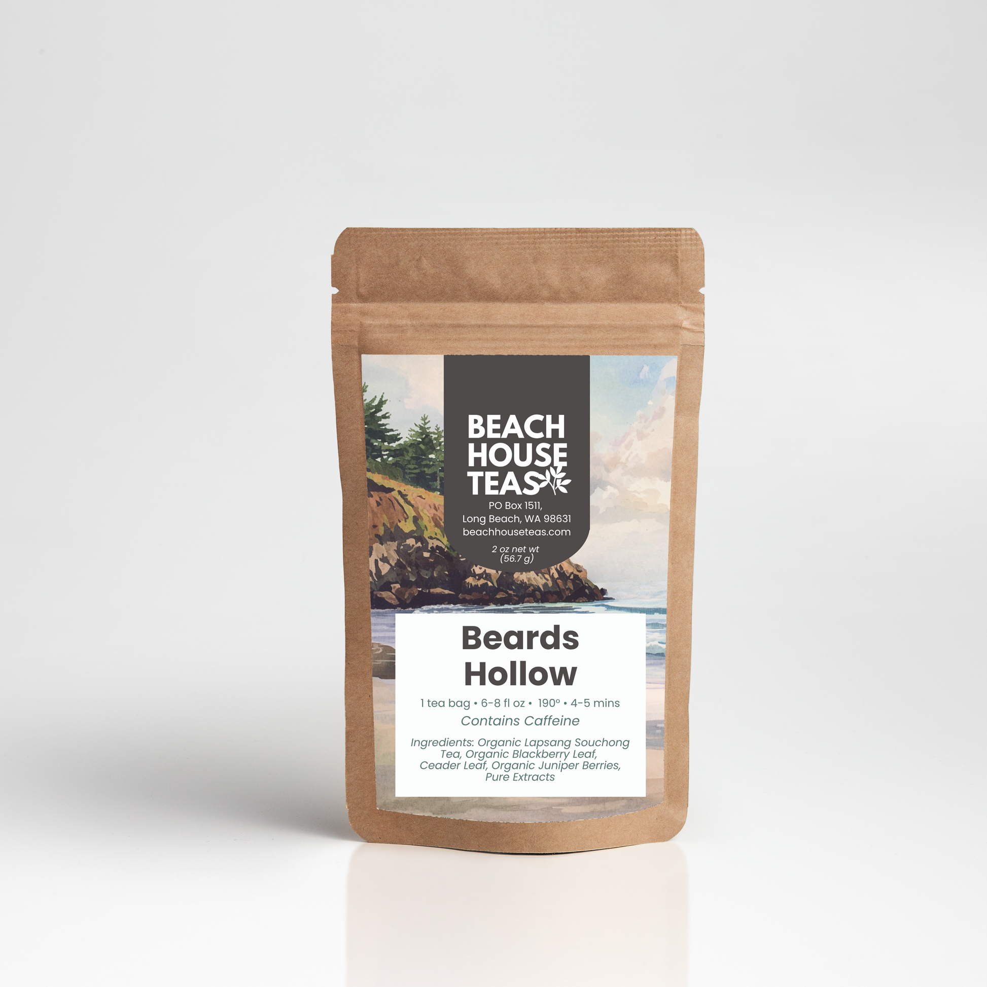 Beach House Teas packaging with 'Beards Hollow' label on a white background