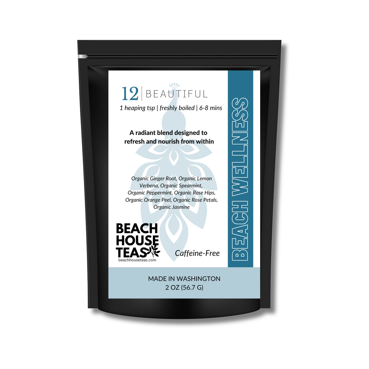Beach Wellness Beautiful tea 2 oz black pouch with a white, teal, and pale blue label on white