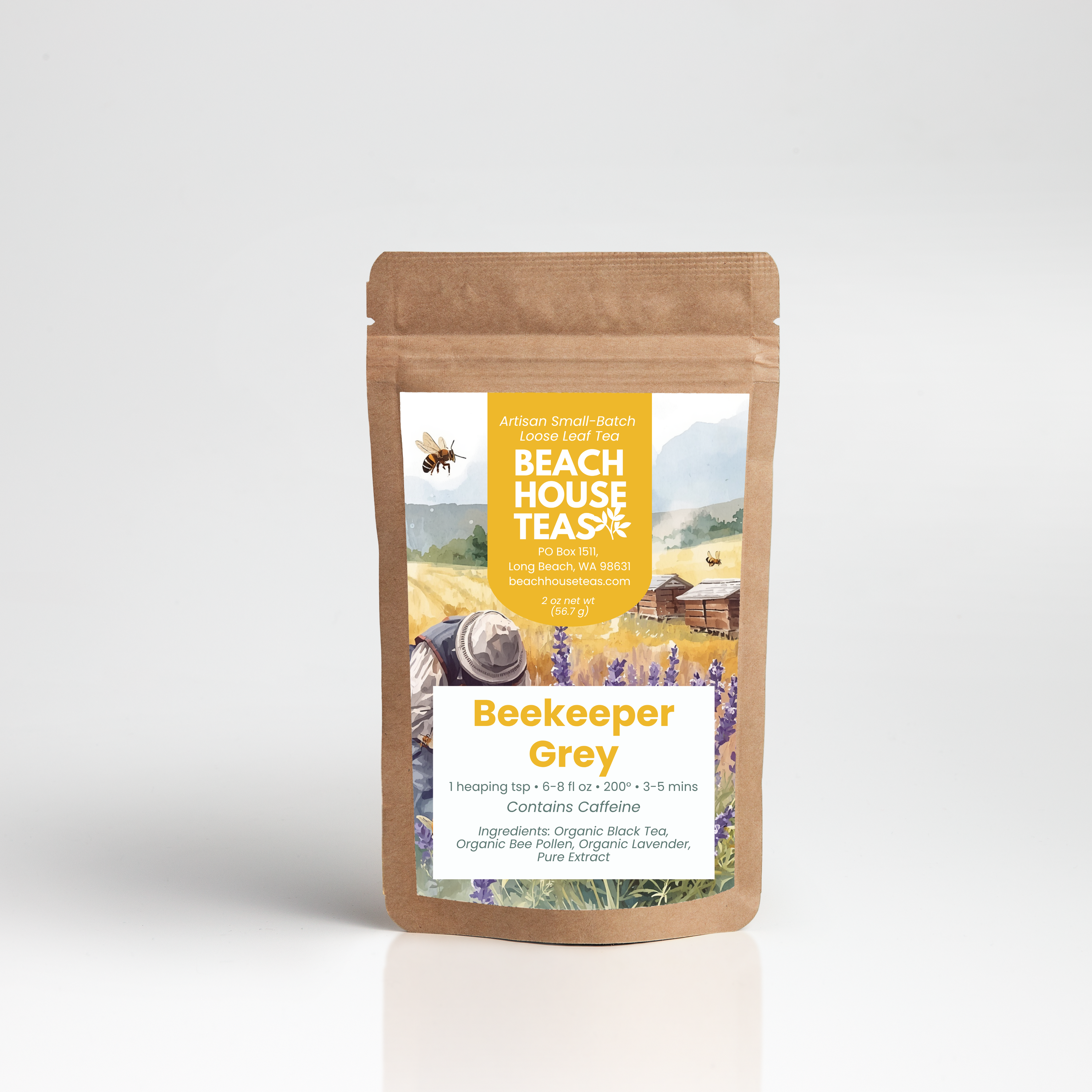 Beach House Teas Beekeeper Grey tea package on a white background