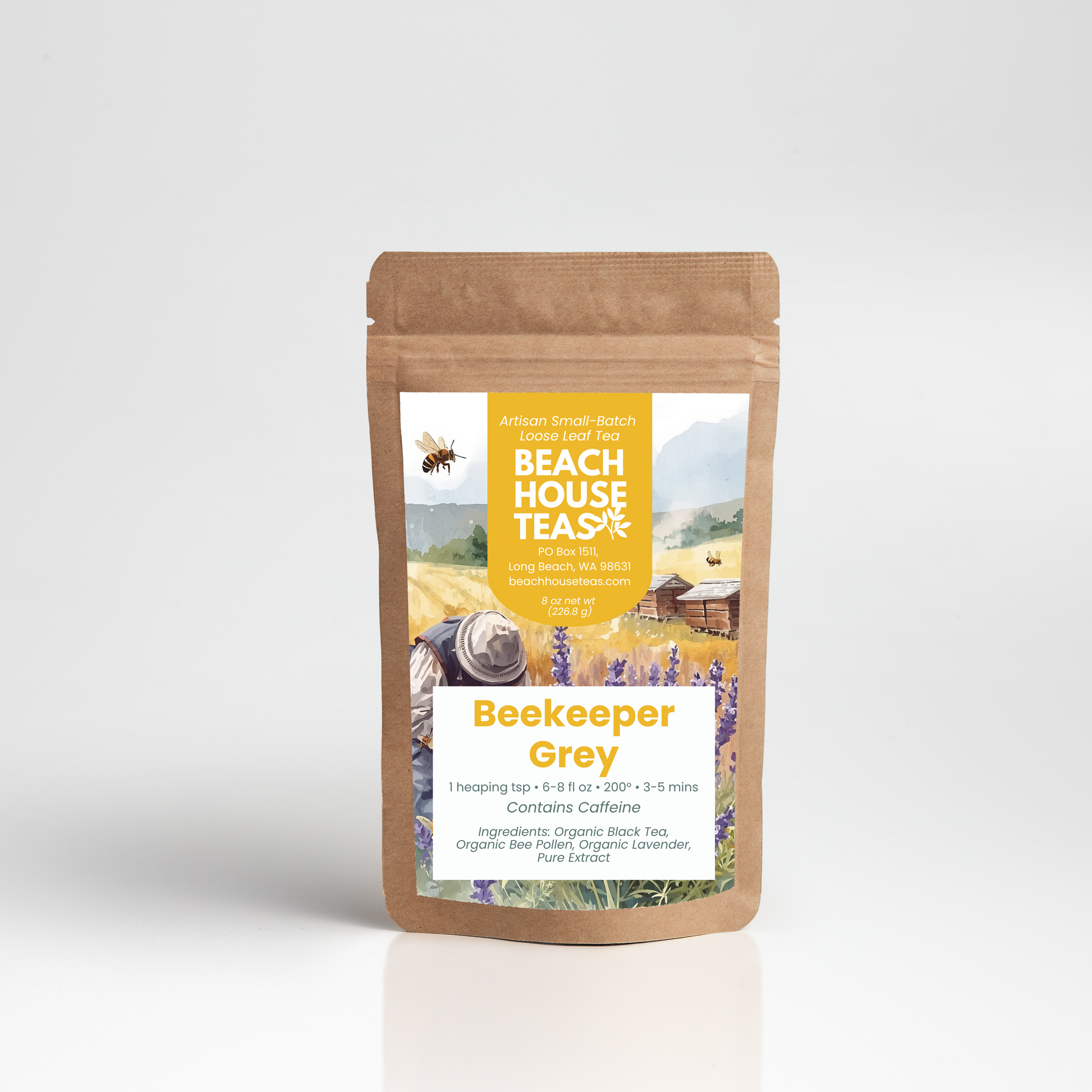 Beach House Teas Beekeeper Grey tea package on a white background