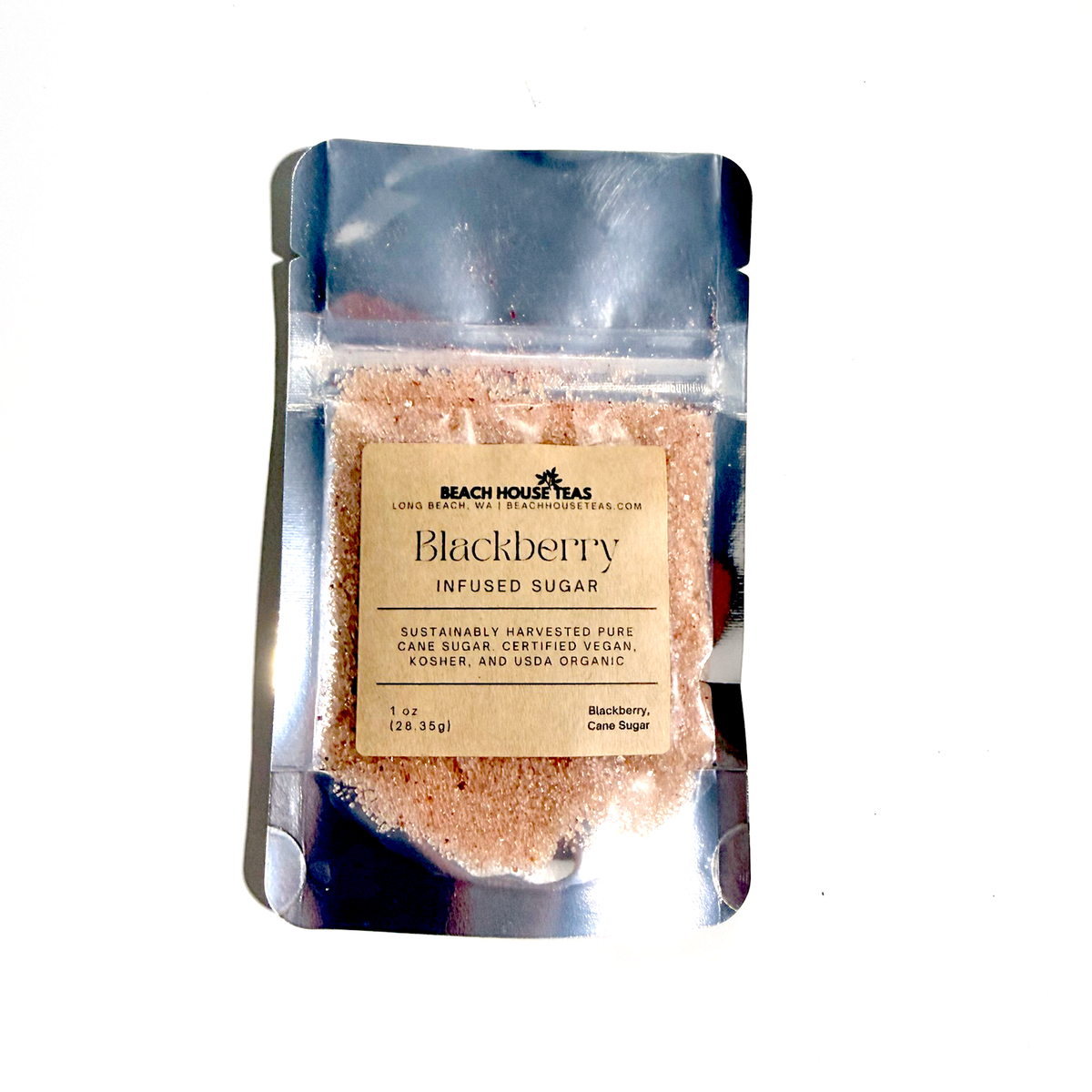 Beach House Teas blackberry infused sugar in a 1 oz resealable pouch