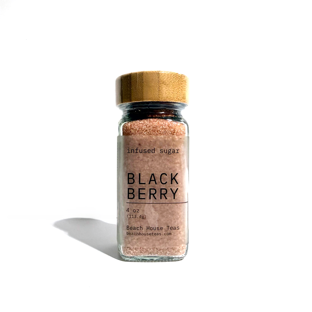  Beach House Teas blackberry infused sugar in a 4 oz glass jar with a wooden lid