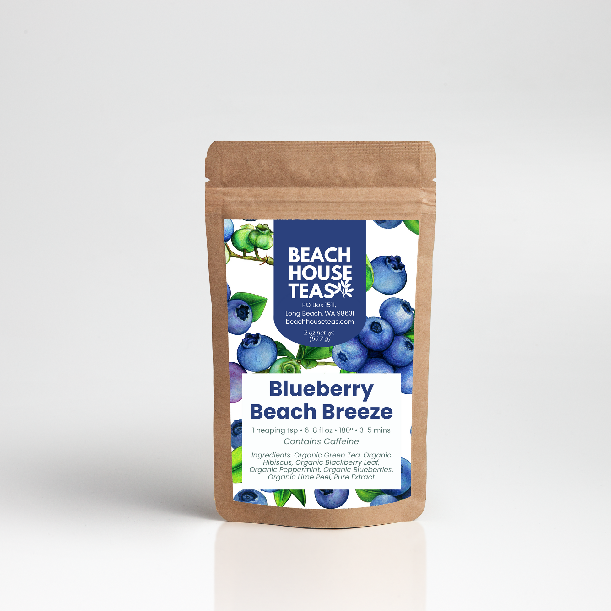 Beach House Teas Blueberry Beach Breeze tea package on a white background