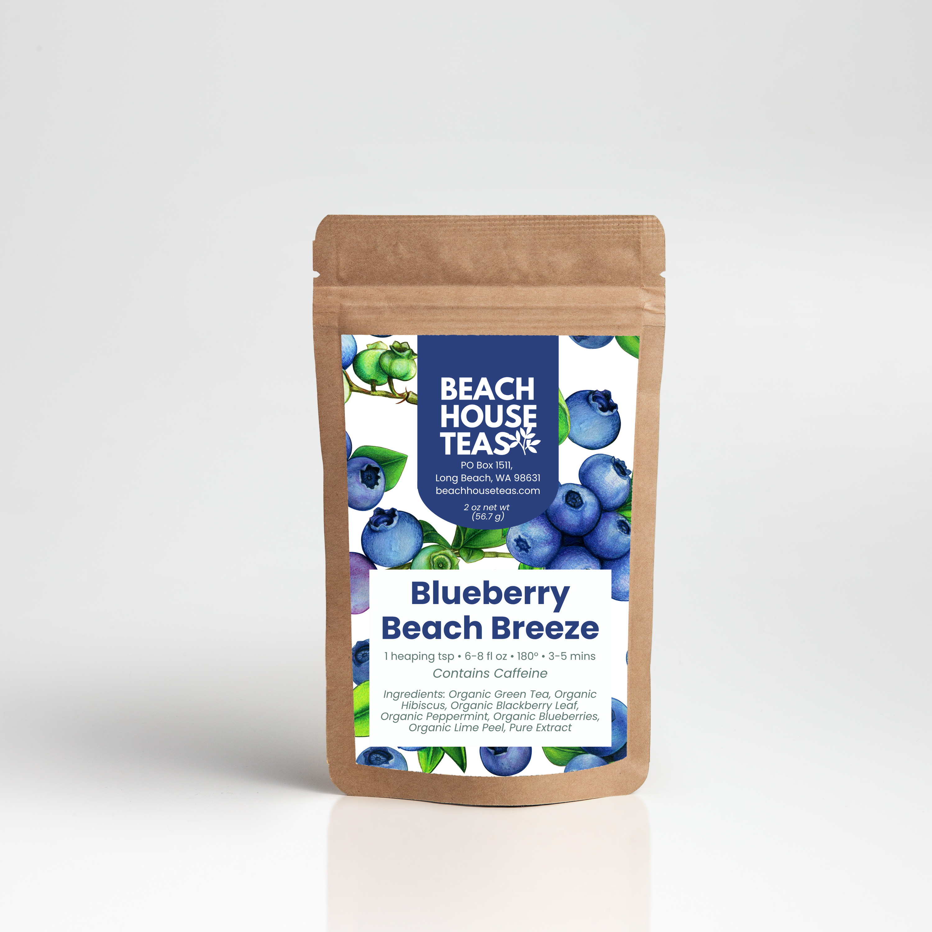Beach House Teas Blueberry Beach Breeze tea package on a white background