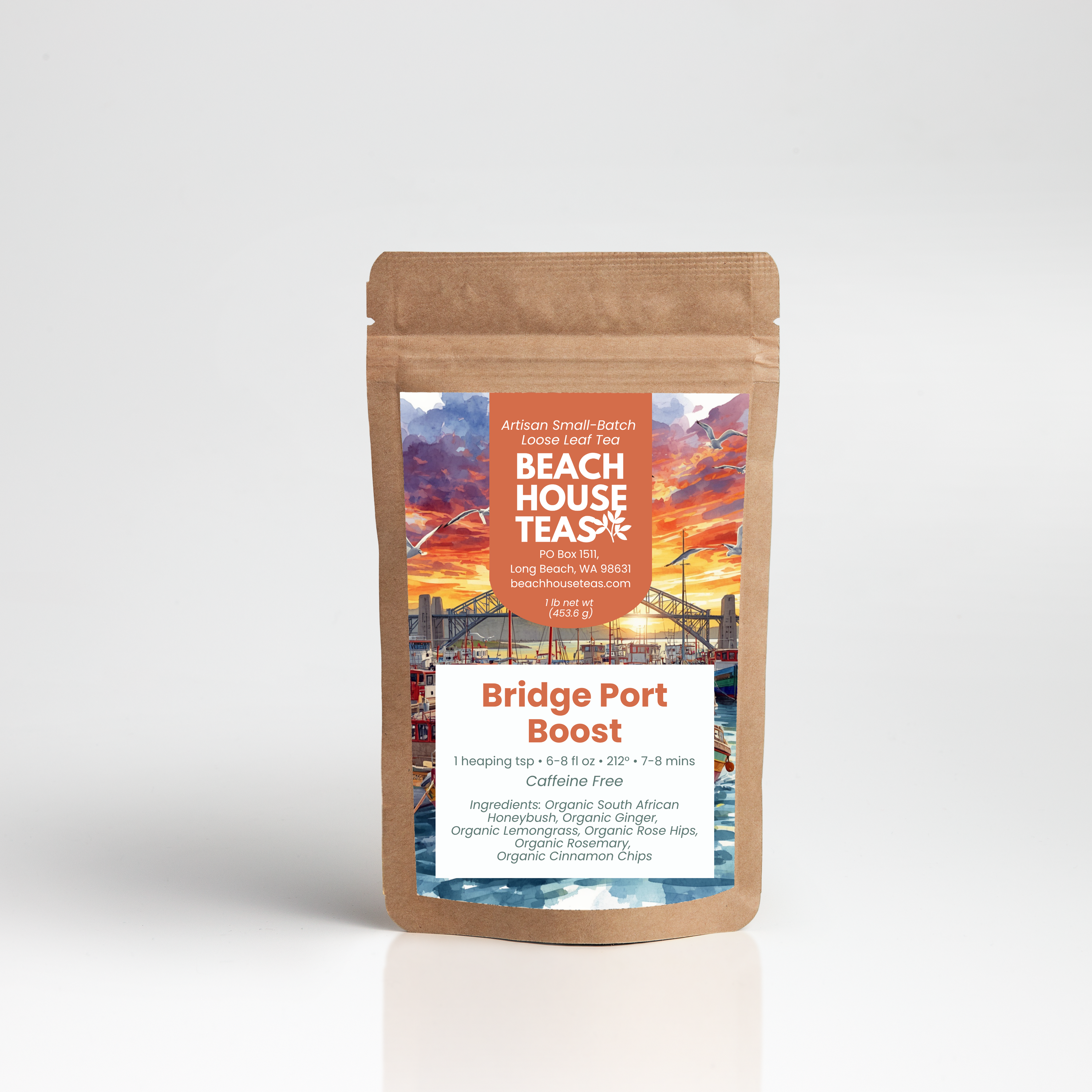 Beach House Teas package with scenic label on a white background