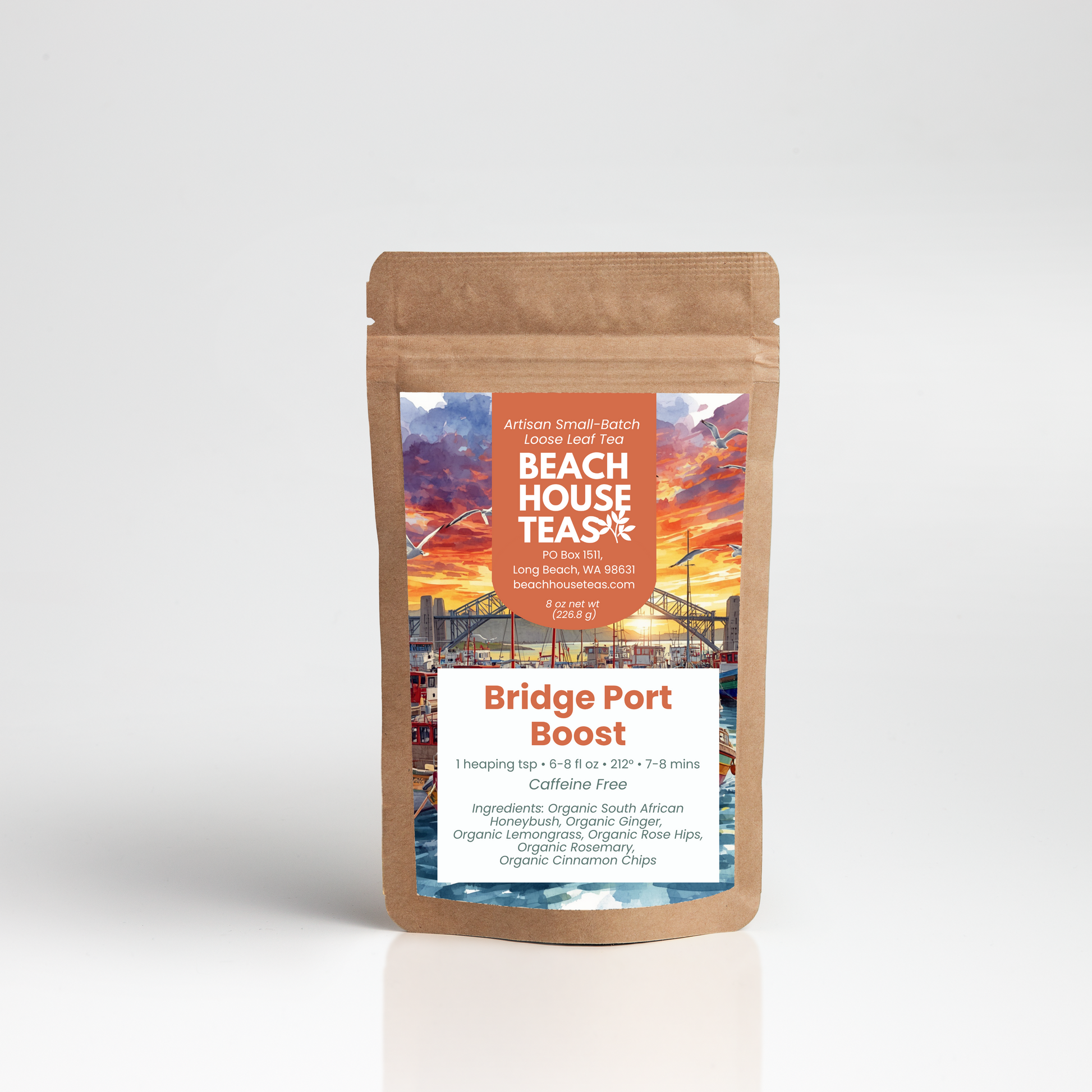 Beach House Teas package with scenic label on a white background