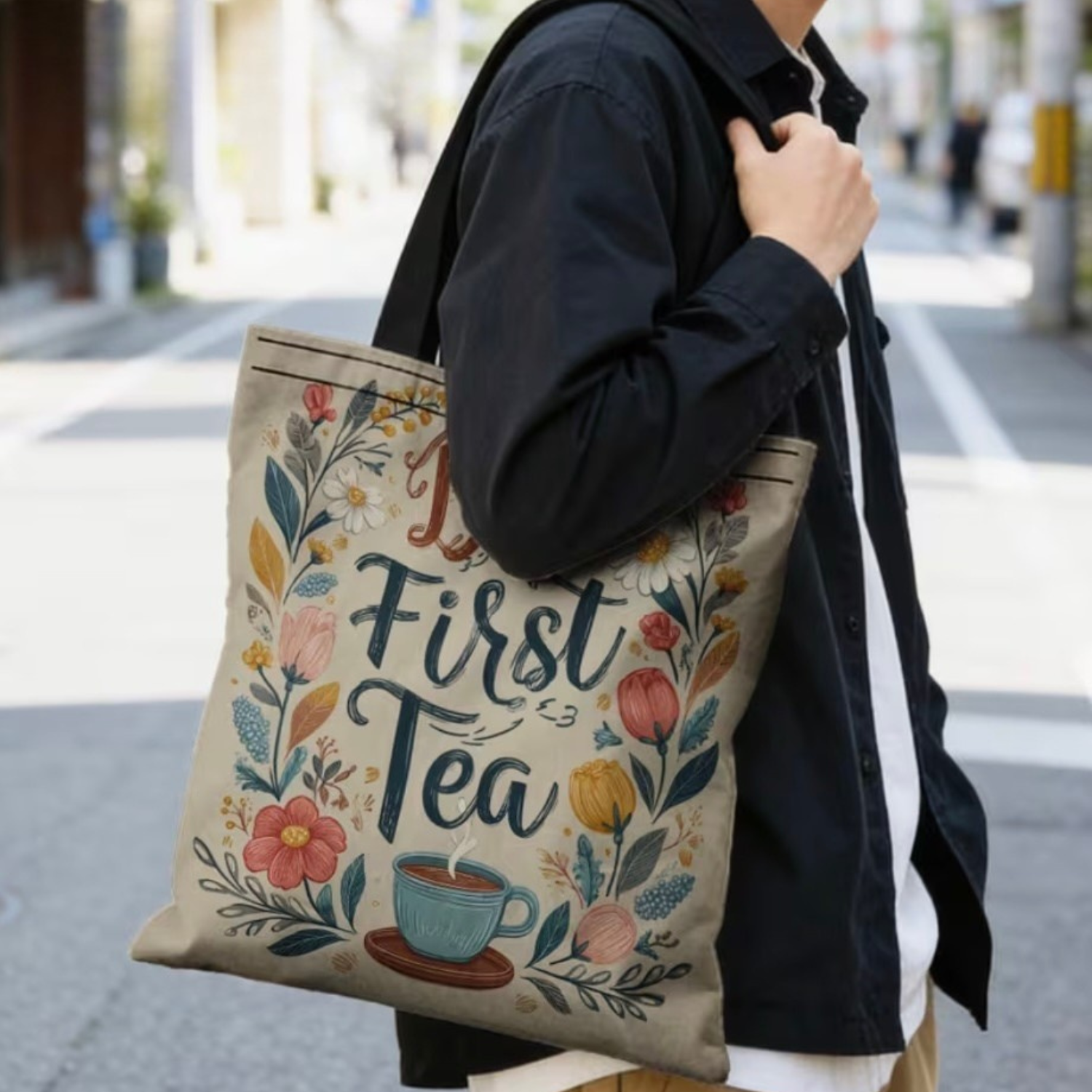 But First Tea Canvas Tote Bag | Floral Reusable Shopping & Everyday Tote