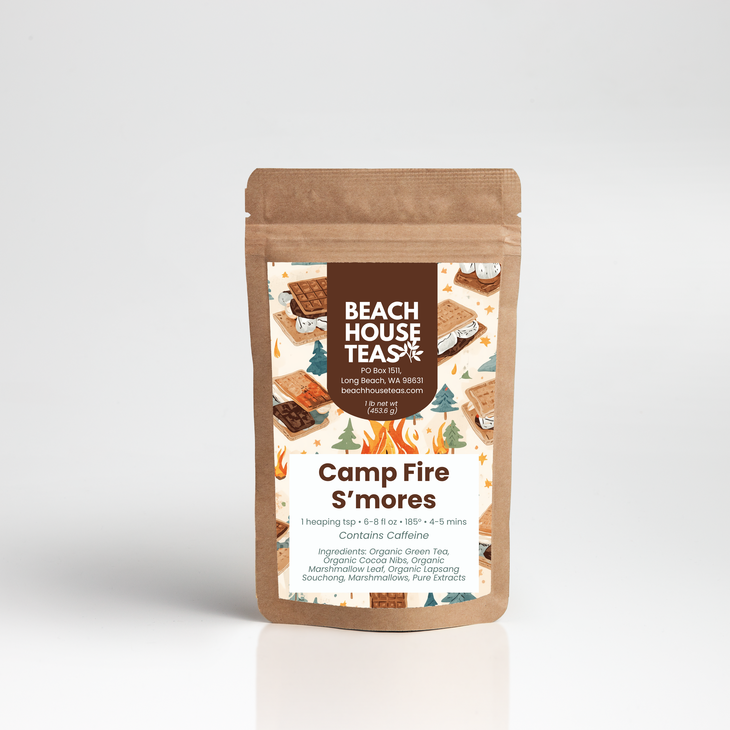Beach House Teas Camp Fire S'mores tea package on a white background