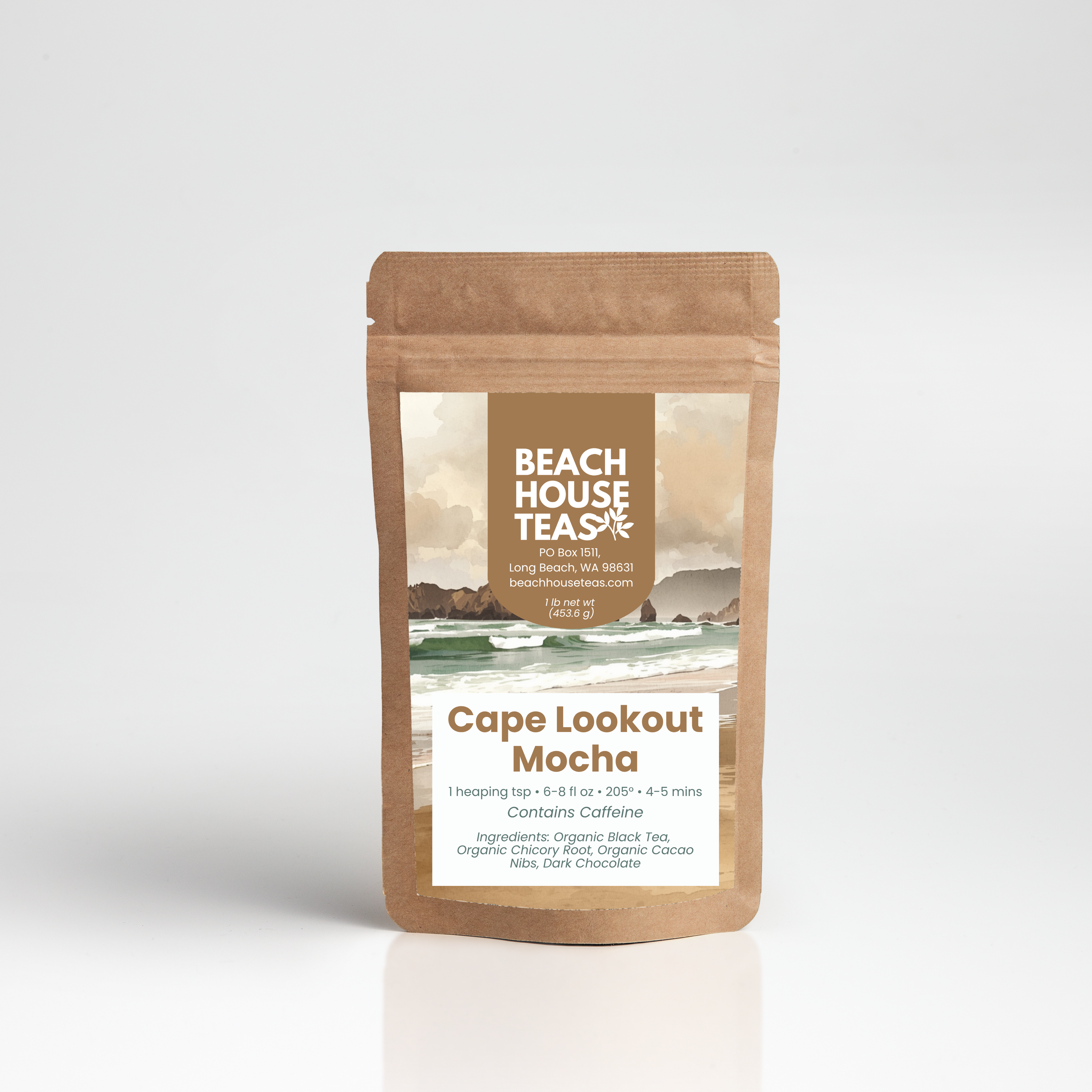 Beach House Teas Cape Lookout Mocha on pouch with white background